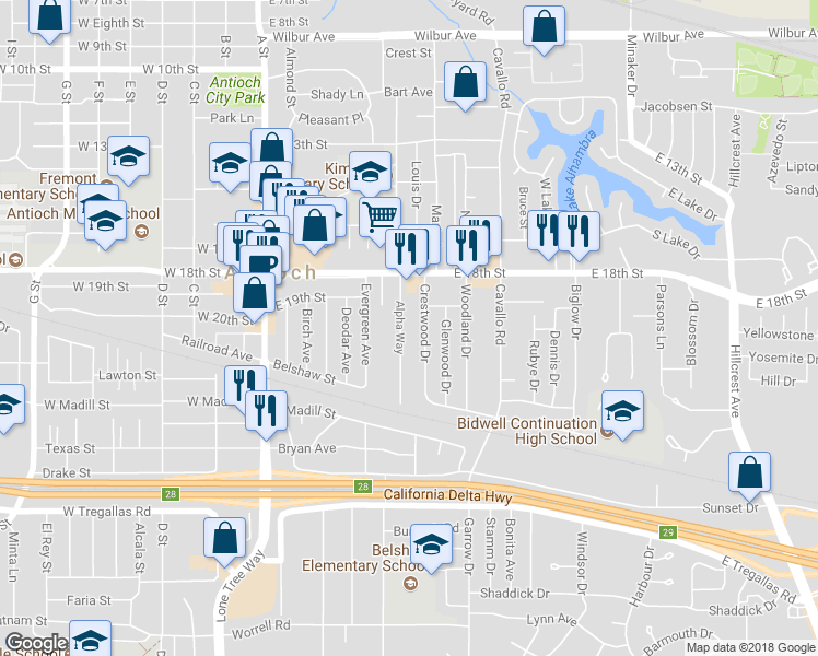 map of restaurants, bars, coffee shops, grocery stores, and more near 1925 Alpha Way in Antioch