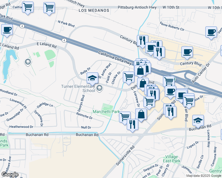 map of restaurants, bars, coffee shops, grocery stores, and more near 4103 Delta Fair Boulevard in Antioch