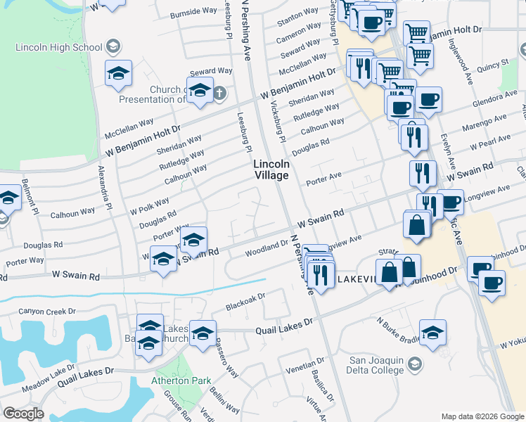map of restaurants, bars, coffee shops, grocery stores, and more near 1405 West Swain Road in Stockton