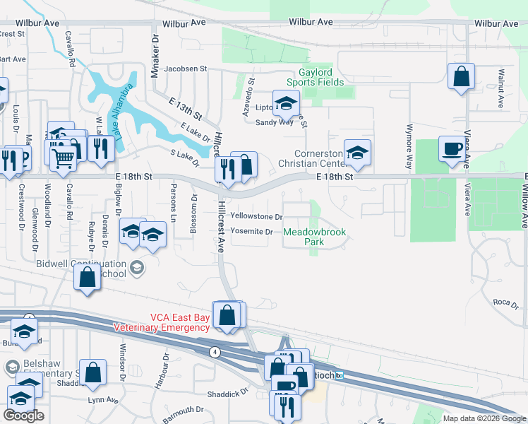 map of restaurants, bars, coffee shops, grocery stores, and more near 1515 Yosemite Drive in Antioch