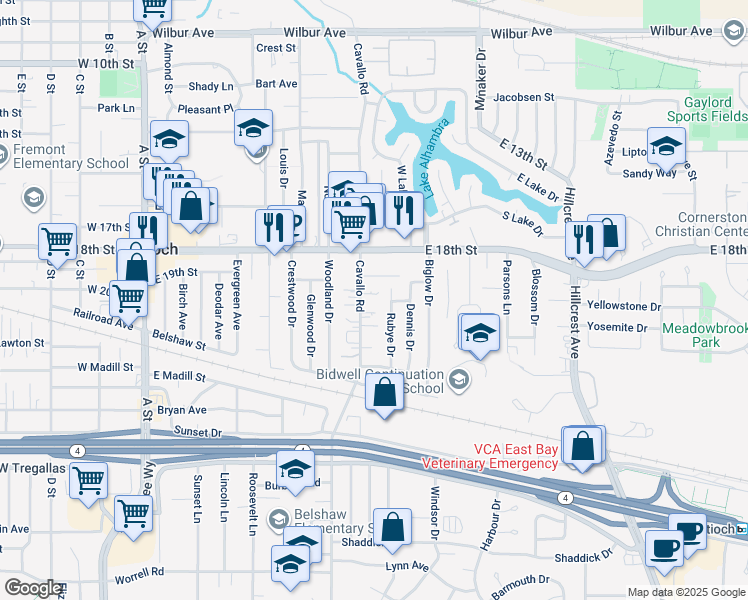 map of restaurants, bars, coffee shops, grocery stores, and more near 2000 Rubye Drive in Antioch