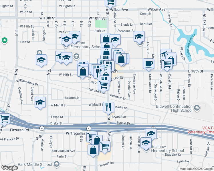 map of restaurants, bars, coffee shops, grocery stores, and more near 2028 A Street in Antioch