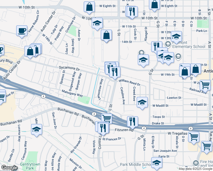 map of restaurants, bars, coffee shops, grocery stores, and more near 2204 L Street in Antioch