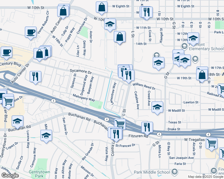 map of restaurants, bars, coffee shops, grocery stores, and more near 2301 Lemontree Way in Antioch