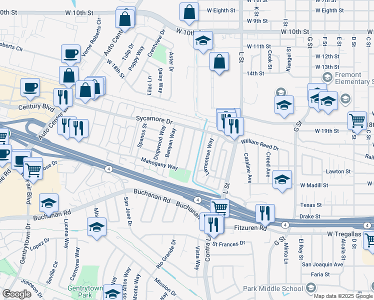 map of restaurants, bars, coffee shops, grocery stores, and more near 2305 Manzanita Way in Antioch