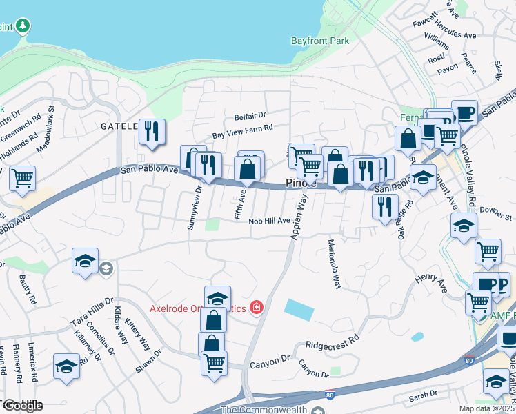 map of restaurants, bars, coffee shops, grocery stores, and more near 1419 Nob Hill Avenue in Pinole