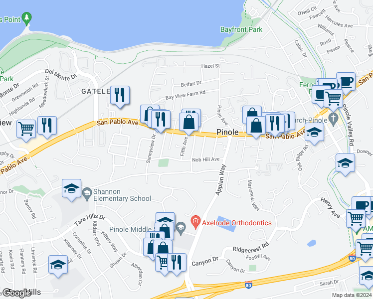map of restaurants, bars, coffee shops, grocery stores, and more near 1240 Nob Hill Avenue in Pinole
