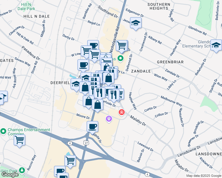 map of restaurants, bars, coffee shops, grocery stores, and more near 101 Malabu Drive in Lexington