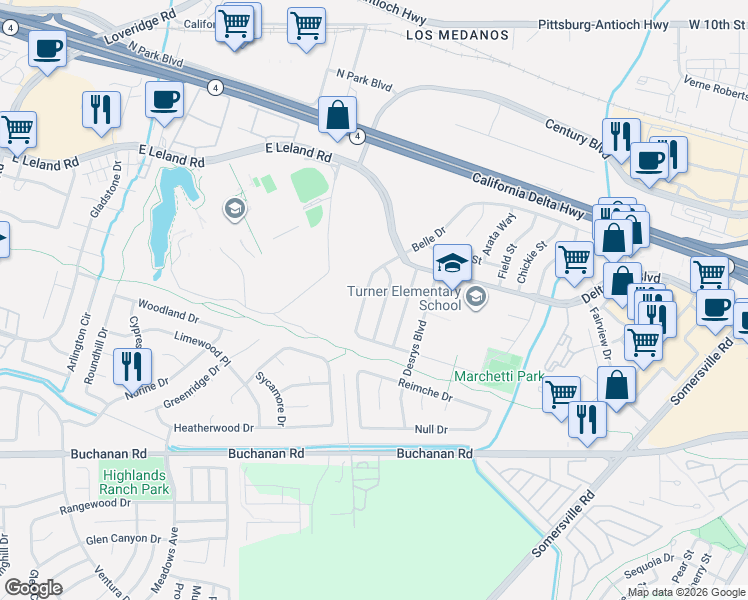 map of restaurants, bars, coffee shops, grocery stores, and more near 4825 Belle Drive in Antioch