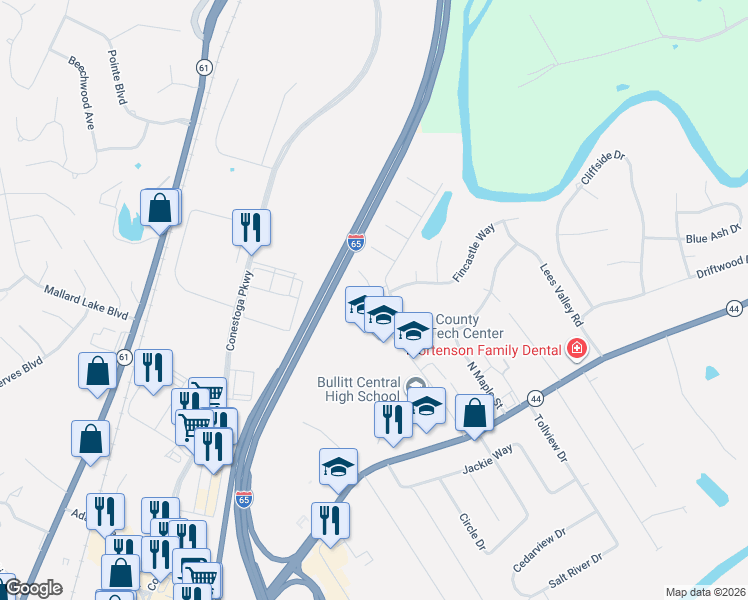 map of restaurants, bars, coffee shops, grocery stores, and more near 140 Huron Court in Shepherdsville