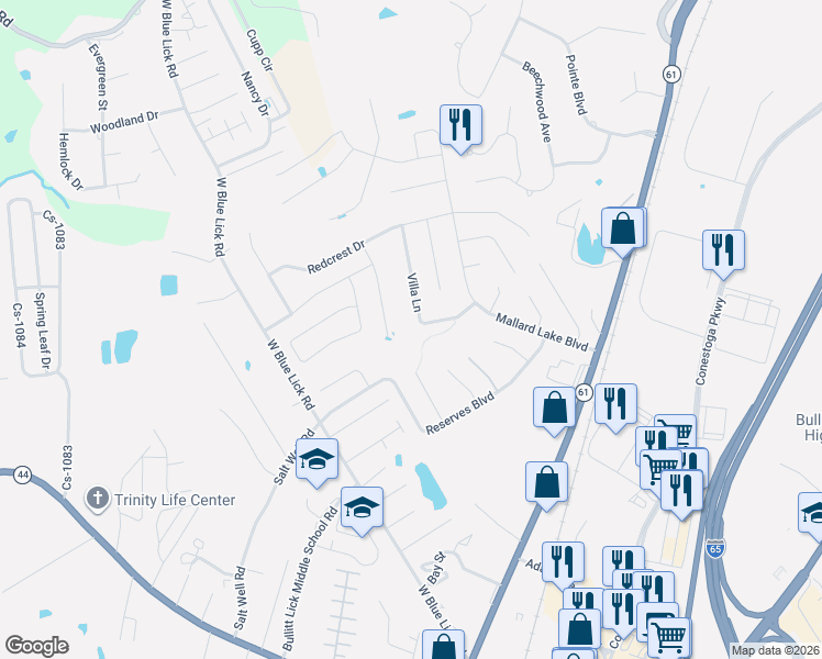 map of restaurants, bars, coffee shops, grocery stores, and more near 252 Mandarin Court in Shepherdsville