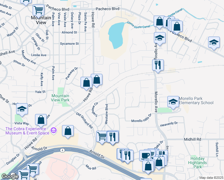 map of restaurants, bars, coffee shops, grocery stores, and more near 521 Westaire Boulevard in Martinez