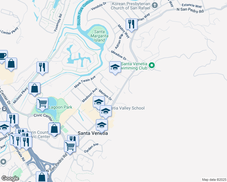 map of restaurants, bars, coffee shops, grocery stores, and more near 2 Cushing Avenue in San Rafael