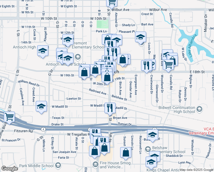 map of restaurants, bars, coffee shops, grocery stores, and more near 2006 A Street in Antioch
