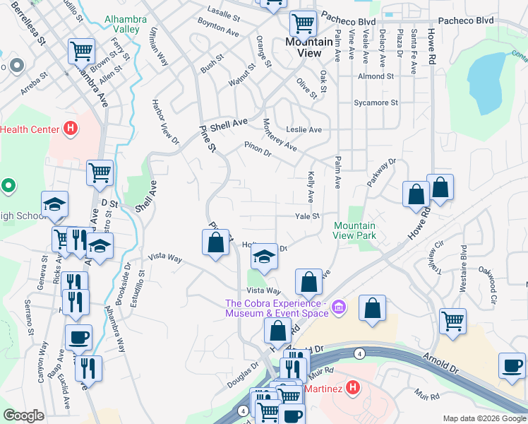 map of restaurants, bars, coffee shops, grocery stores, and more near 2340 Yale Street in Martinez