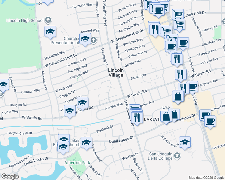 map of restaurants, bars, coffee shops, grocery stores, and more near 1405 West Swain Road in Stockton