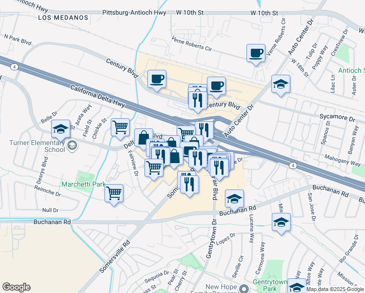 map of restaurants, bars, coffee shops, grocery stores, and more near 3214 Delta Fair Boulevard in Antioch