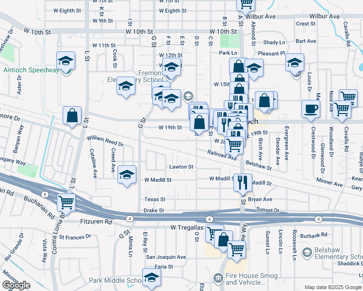 map of restaurants, bars, coffee shops, grocery stores, and more near 327 West 20th Street in Antioch