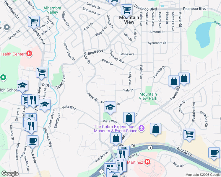 map of restaurants, bars, coffee shops, grocery stores, and more near 2340 Yale Street in Martinez