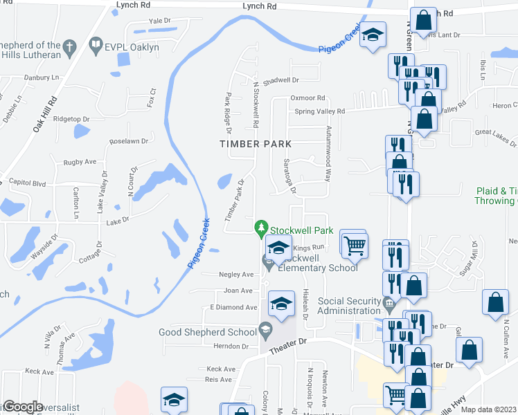 map of restaurants, bars, coffee shops, grocery stores, and more near 2809 North Stockwell Road in Evansville