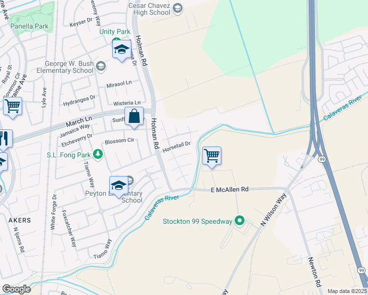 map of restaurants, bars, coffee shops, grocery stores, and more near 3108 Horsetail Drive in Stockton