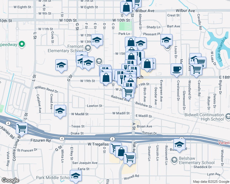 map of restaurants, bars, coffee shops, grocery stores, and more near 2005 C Street in Antioch
