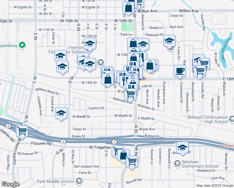 map of restaurants, bars, coffee shops, grocery stores, and more near 2005 C Street in Antioch