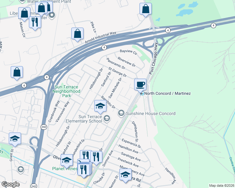 map of restaurants, bars, coffee shops, grocery stores, and more near 3640 Sun View Terrace in Concord