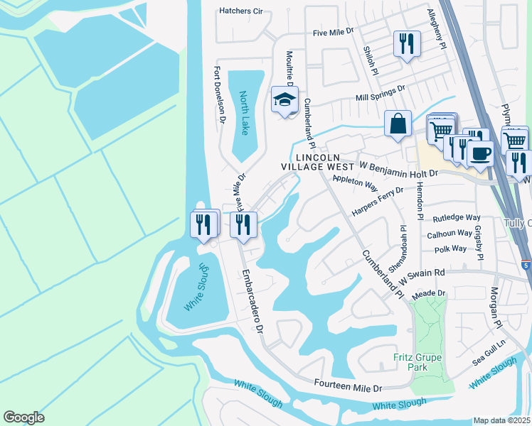map of restaurants, bars, coffee shops, grocery stores, and more near 3722 West Benjamin Holt Drive in Stockton