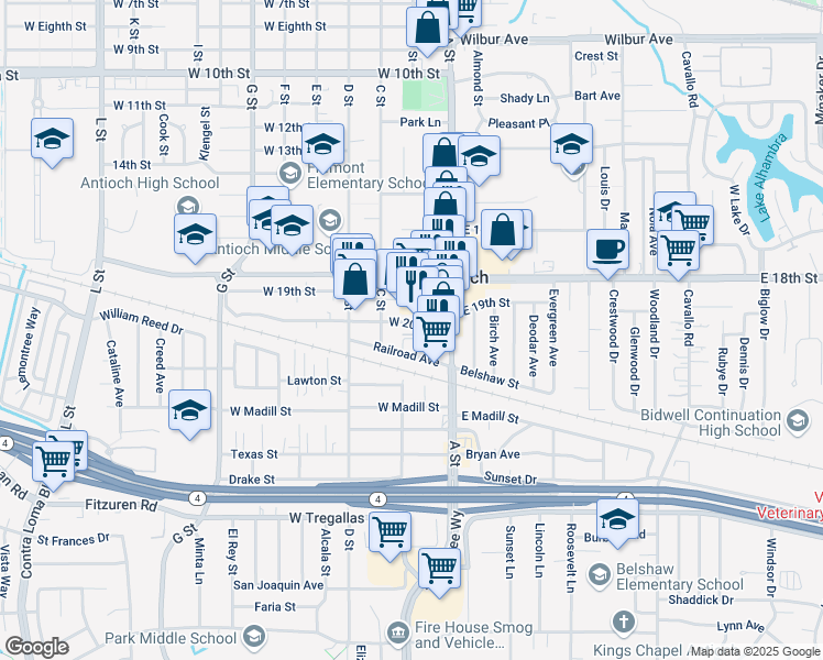 map of restaurants, bars, coffee shops, grocery stores, and more near 1840 A Street in Antioch