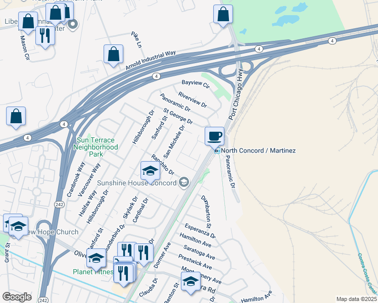map of restaurants, bars, coffee shops, grocery stores, and more near 3670 Sun View Way in Concord