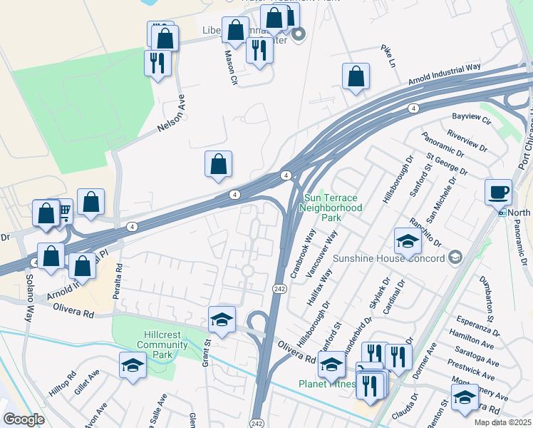 map of restaurants, bars, coffee shops, grocery stores, and more near 3845 Northwood Drive in Concord