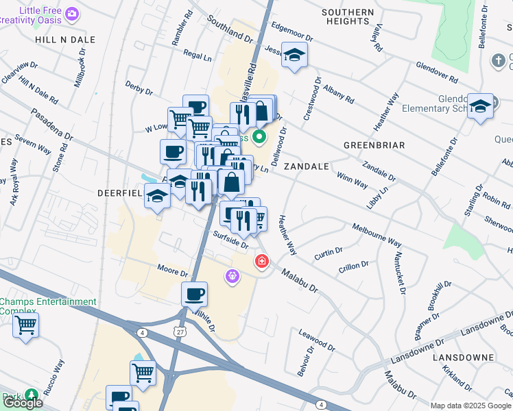 map of restaurants, bars, coffee shops, grocery stores, and more near 2375 Professional Heights Drive in Lexington