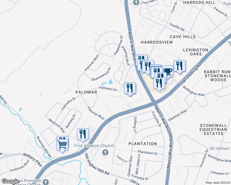 map of restaurants, bars, coffee shops, grocery stores, and more near 4025 Palmetto Drive in Lexington