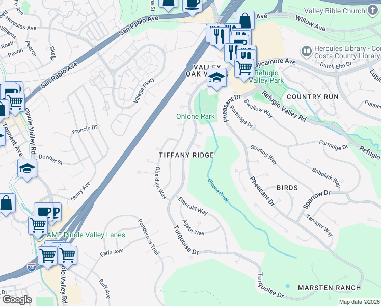 map of restaurants, bars, coffee shops, grocery stores, and more near 375 Turquoise Drive in Hercules