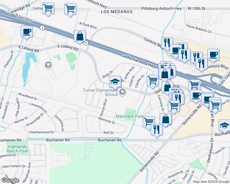 map of restaurants, bars, coffee shops, grocery stores, and more near 4207 Delta Fair Boulevard in Antioch