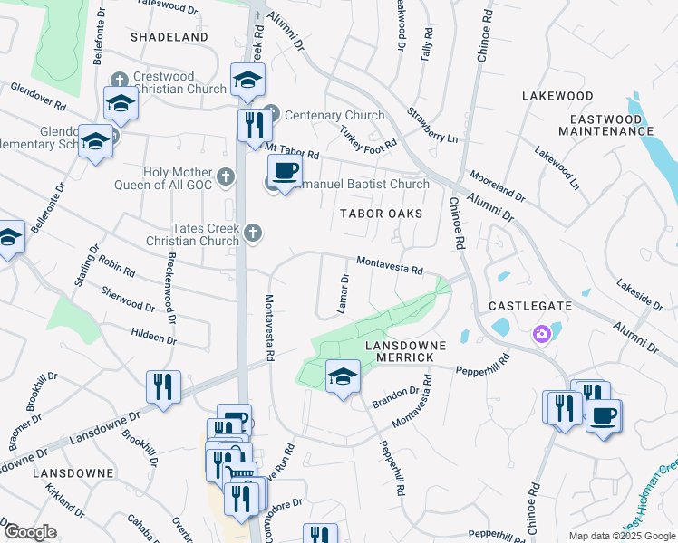 map of restaurants, bars, coffee shops, grocery stores, and more near 3042 Montavesta Road in Lexington