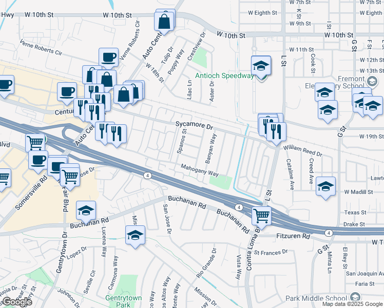 map of restaurants, bars, coffee shops, grocery stores, and more near 1708 Springwood Way in Antioch