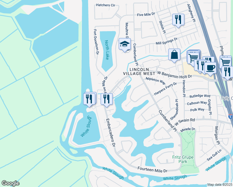 map of restaurants, bars, coffee shops, grocery stores, and more near 3722 West Benjamin Holt Drive in Stockton