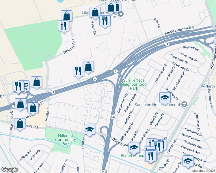 map of restaurants, bars, coffee shops, grocery stores, and more near 3845 Northwood Drive in Concord