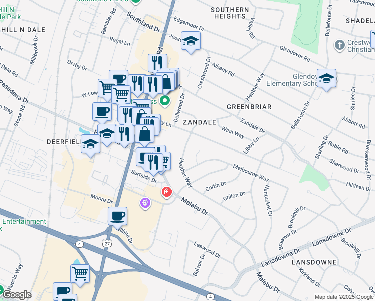 map of restaurants, bars, coffee shops, grocery stores, and more near 2330 Heather Way in Lexington