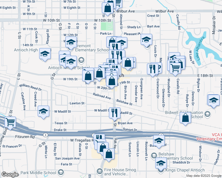 map of restaurants, bars, coffee shops, grocery stores, and more near 7 West 20th Street in Antioch