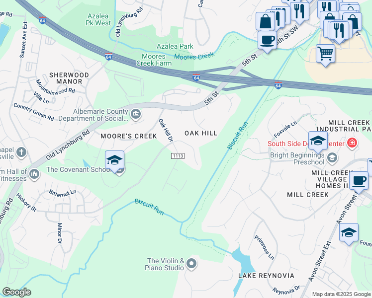 map of restaurants, bars, coffee shops, grocery stores, and more near 405 Woodhaven Court in Charlottesville