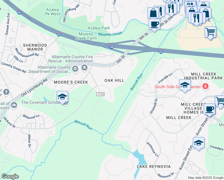 map of restaurants, bars, coffee shops, grocery stores, and more near 414 Woodhaven Court in Charlottesville