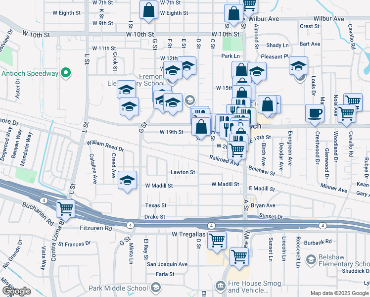 map of restaurants, bars, coffee shops, grocery stores, and more near 327 West 20th Street in Antioch