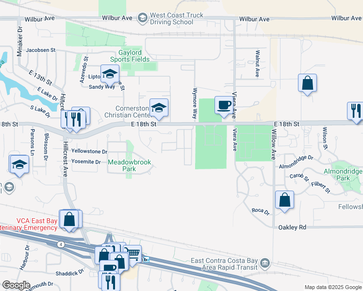 map of restaurants, bars, coffee shops, grocery stores, and more near 1841 Athens Lane in Antioch