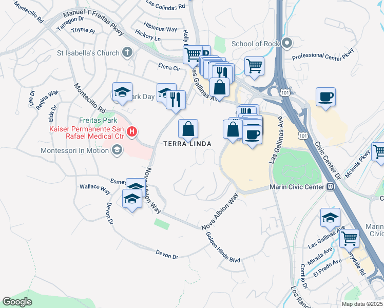map of restaurants, bars, coffee shops, grocery stores, and more near 100 Thorndale Drive in San Rafael