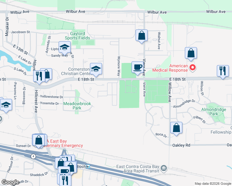 map of restaurants, bars, coffee shops, grocery stores, and more near 1916 Geneva Lane in Antioch