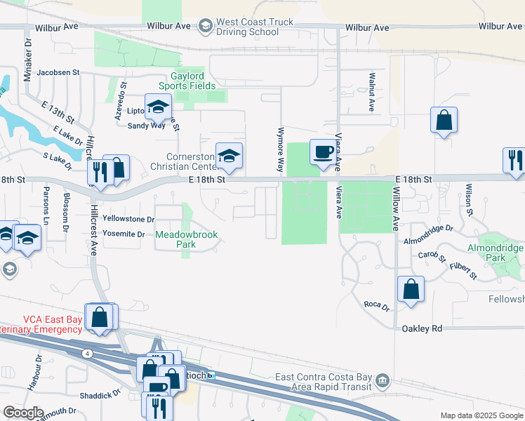 map of restaurants, bars, coffee shops, grocery stores, and more near 1800 Strasbourg Lane in Antioch
