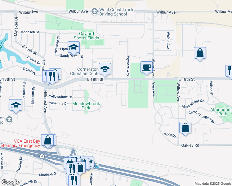 map of restaurants, bars, coffee shops, grocery stores, and more near 1824 Paris Lane in Antioch
